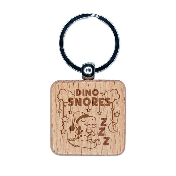 Sleeping Dino Snores Dinosaur Pun Square Keychain Charm Tag - Engraved Wood