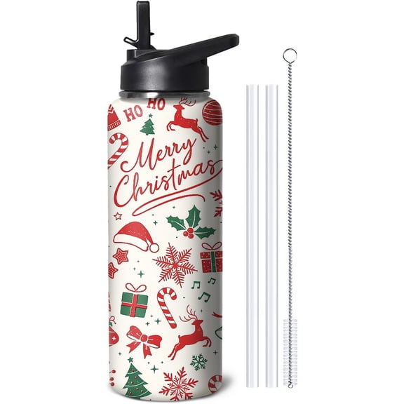 40oz Christmas Water Bottle with Handle and Flip Straw, Tree Ball Ornament Deer Stainless Steel Insulated Cup,Xmas Eve Travel Coffee Mug Tumbler, Gifts for Women Bunny Lovers