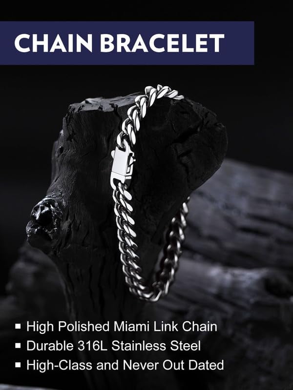 Bandmax 7MM Wide Cuban Chain Bracelet for Men Women Father's Day Gift for Son Dad Husband Stainless Steel Hip Hop Biker Wristlet Anklet Chain Jewelry