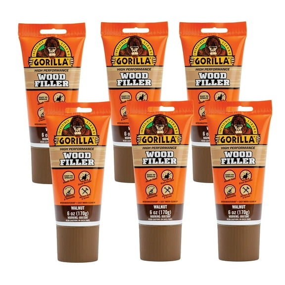 Gorilla All Purpose Wood Filler Walnut Color - Water-Resistant - 6 Pack, 6oz Tube
