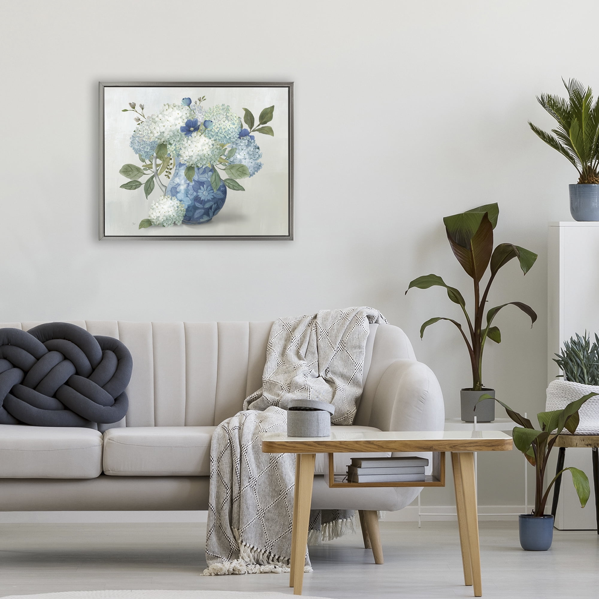 Stupell Industries Ornate Vase with Hydrangeas Gray Framed Floater Canvas Wall Art, design by Nan