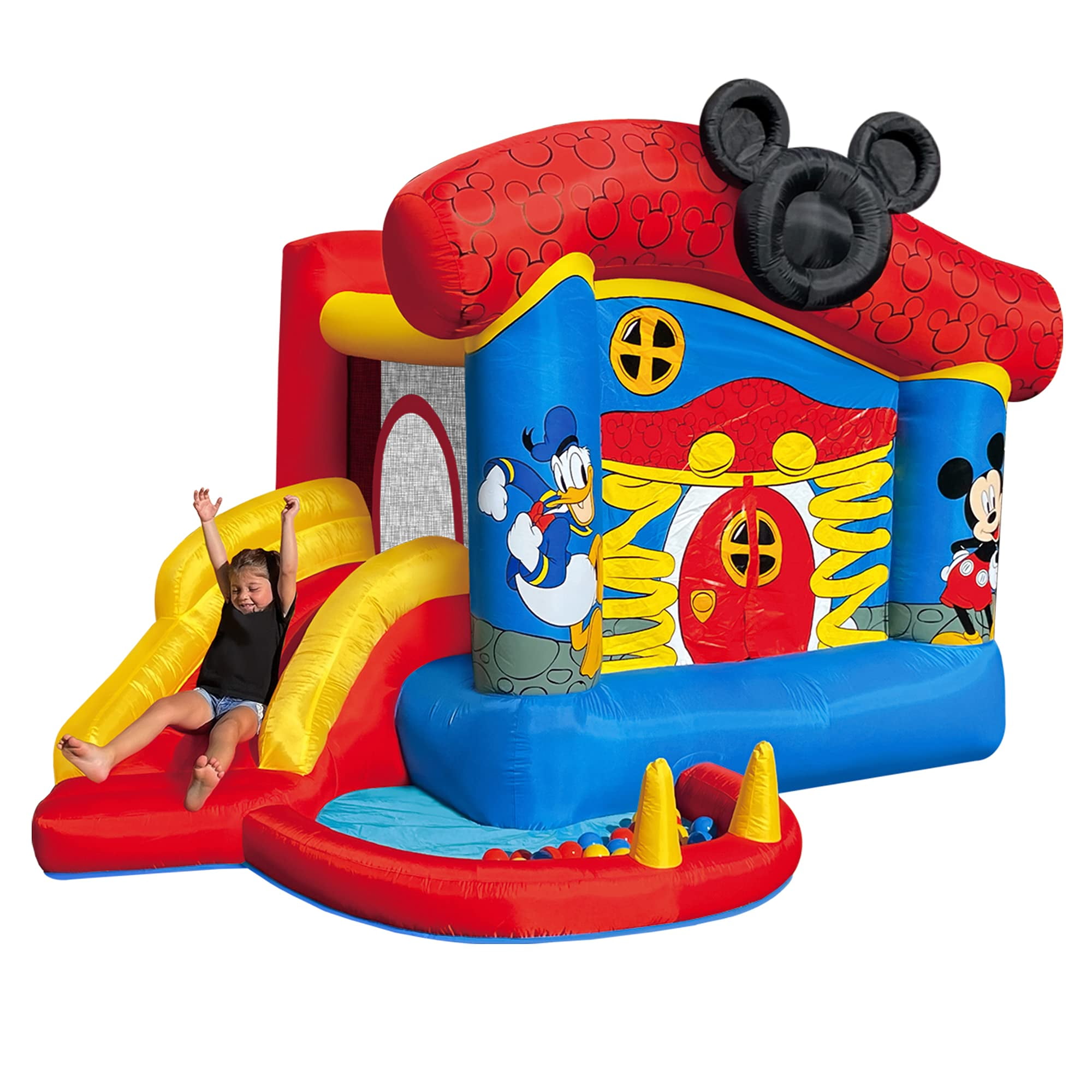 Funormous Disney Mickey Mouse Bounce House with Slide, Indoor Outdoor Inflatable Bouncy Castle Funhouse Ball Pit Plus Heavy Duty Air Blower for Kids Ages 3-8 Years