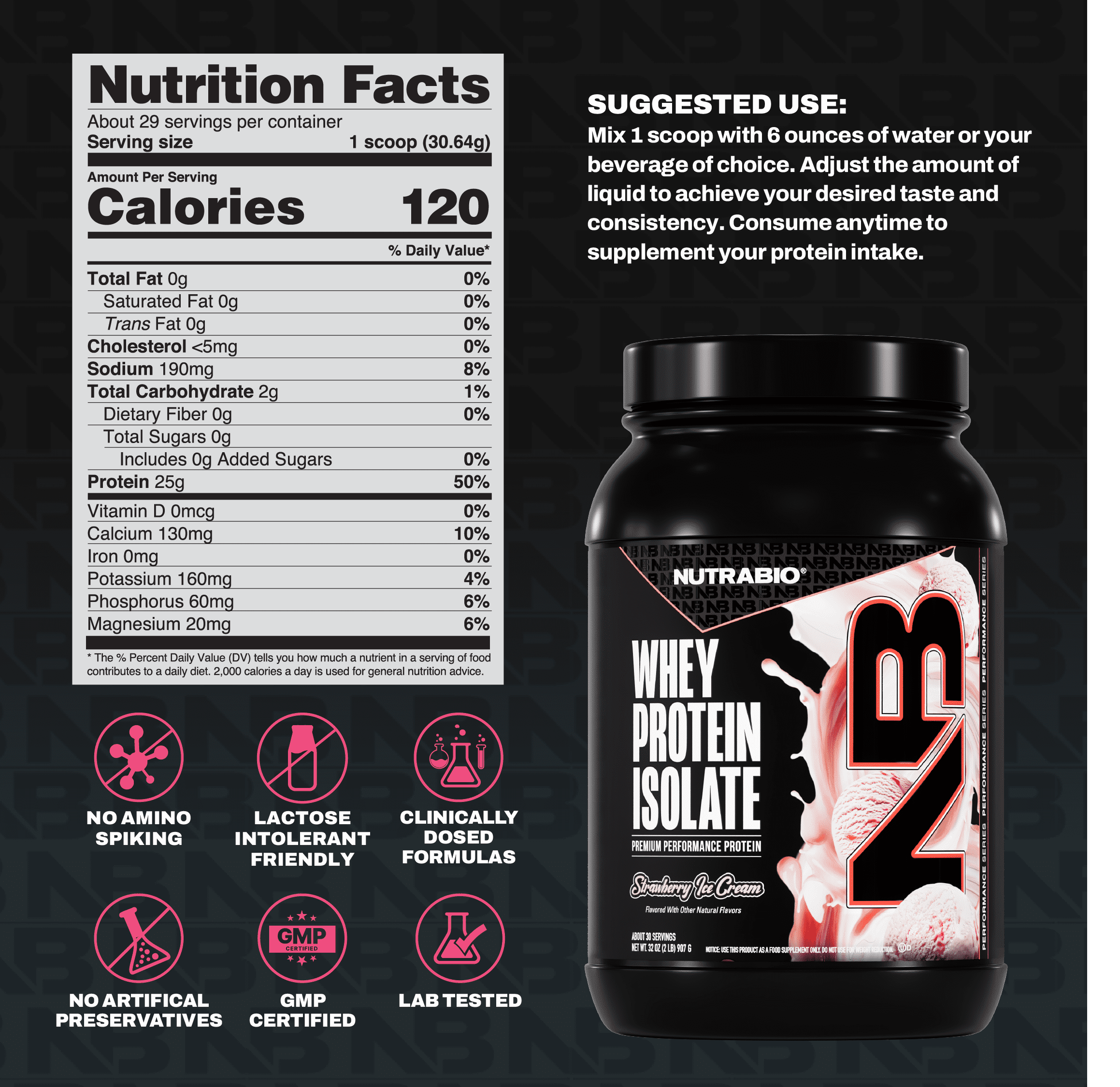 NutraBio 100% Whey Protein Isolate Protein Powder, 25g Protein with Complete Amino Acid Profile, Non-GMO, Soy & Gluten Free, Low Carb, Low Calorie Whey Protein Powder, Strawberry Ice Cream, 2 Lbs