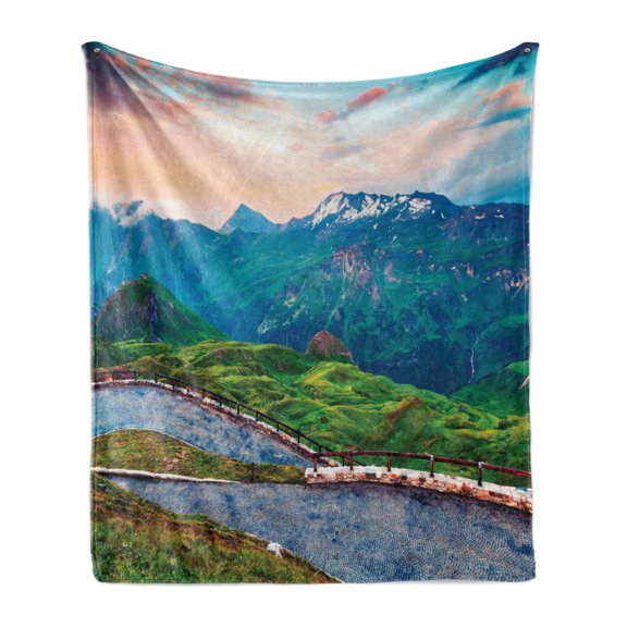Austria Soft Flannel Fleece Throw Blanket, Grossglockner Mountain Range in Salzburg Majestic Wonderland European Landscape, Cozy Plush for Indoor and Outdoor Use, 60" x 80", Multicolor, by Ambesonne