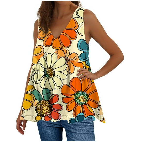 Summer Cute Tops for Women Tees Sleeveless Babydoll Tanks Sunflower Print V Neck Hawaiian Beach Outfits (XL, Yellow)