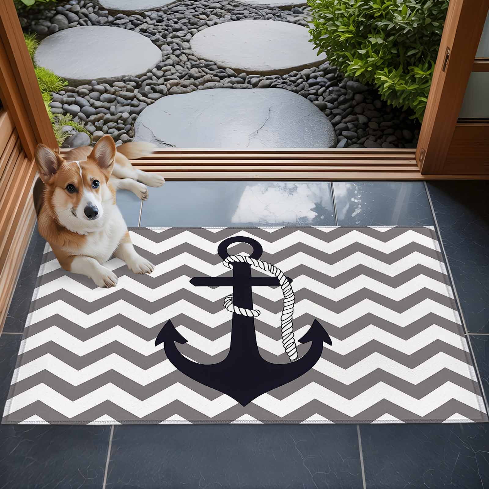 Black Nautical Anchor 2x3 Door Mat Rug, Gray Stripe Modern Wavy Lines Non-Skid Rubber Backing Large Rectangle Rugs - Living Room Bedroom Home Office, Indoor Floor Mat Carpets Washable Rug