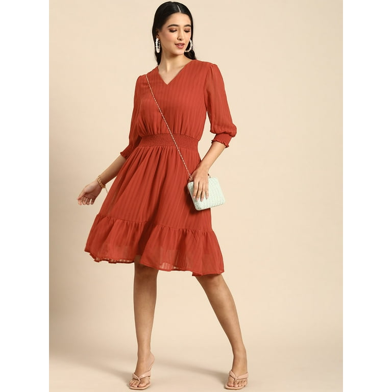all about you - By Myntra Women Rust Self-Design Striped Party Wear Dresses  Fit & Flare 3/4 Sleeves Knee Length Polyester V-Neck Ready to Wear Dress