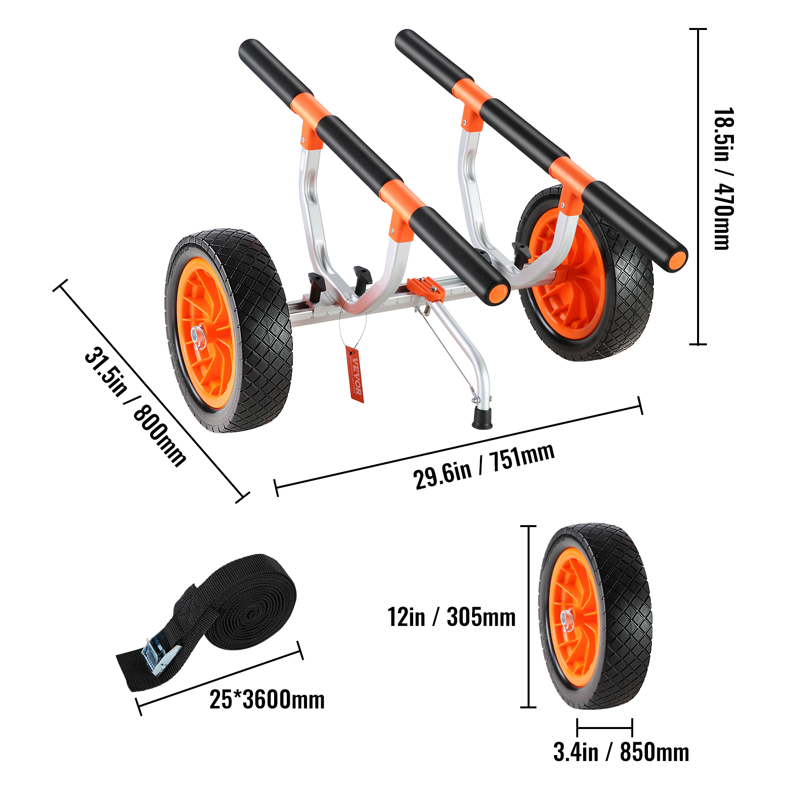 VEVOR Heavy Duty Kayak Cart, 450lbs Load Capacity, Detachable Canoe Trolley Cart with 12'' Solid Tires, Adjustable Width & Nonslip Support Foot, for Kayaks Canoes Paddleboards Float Mats Jon Boats