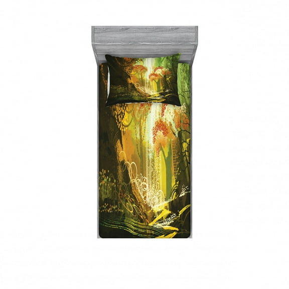 Ambesonne Fantasy Fitted Sheet & Pillow Sham Set, Vivid Autumn Season, Twin, Multicolor