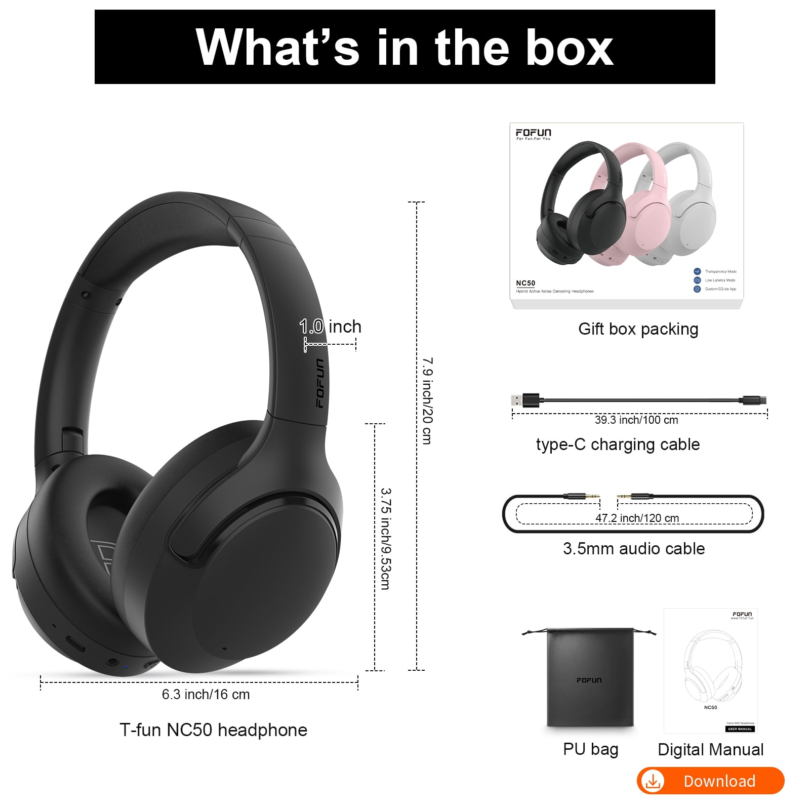 FOFUN NC50 Hybrid Active Noise Cancelling Headphones Wireless Bluetooth 6.0, Foldable Over Ear Headphones, Custom EQ via App, 65 Hours Playtime, Low Latency Game Mode, Multipoint Connection