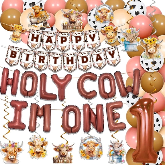 Cow-themed 1st birthday decoration set - A warm rural pastoral ranch-style combination of aluminum foil balloons, banners, and hanging decorations for baby's first birthday party decoration