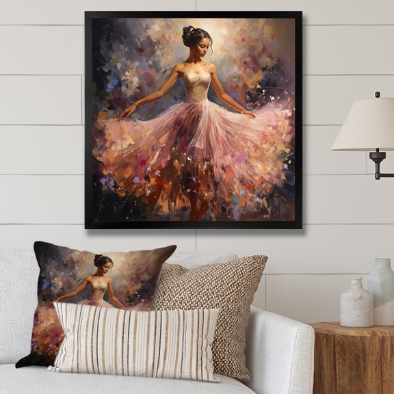 Designart "Balletic Movement Pink Dance of the Ballerina" Fashion Framed Wall Art Decor - Glam Pink Ballet Bedroom Framed Canvas Wall Art