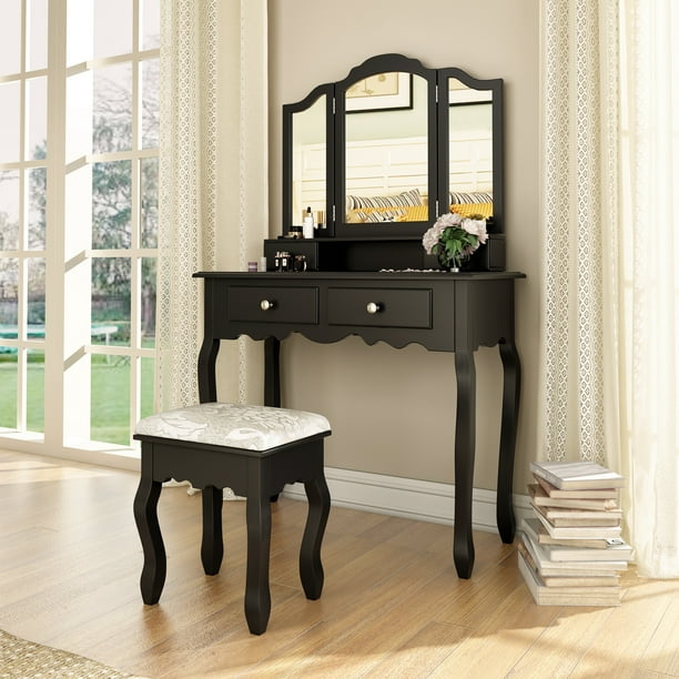 Jaxsunny Vintage Vanity Table Set Furniture With Tri Folding Mirror Cushioned Stool Wood Makeup Dressing Jewelry Storage Writing Desk Black Com Jaxsunny Vintage Vanity Table Set, Antique Mirror Writing Desk Organizer