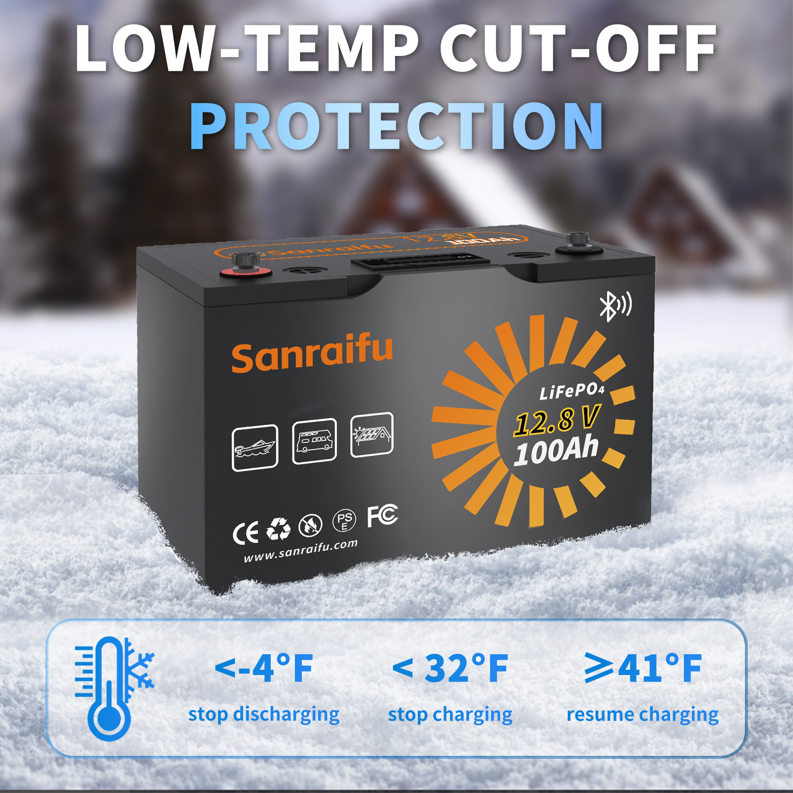 Sanraifu 12V 100AH LiFePO4 Battery, Bluetooth, LCD Display, RV, Boat, Camper, Off-Grid System