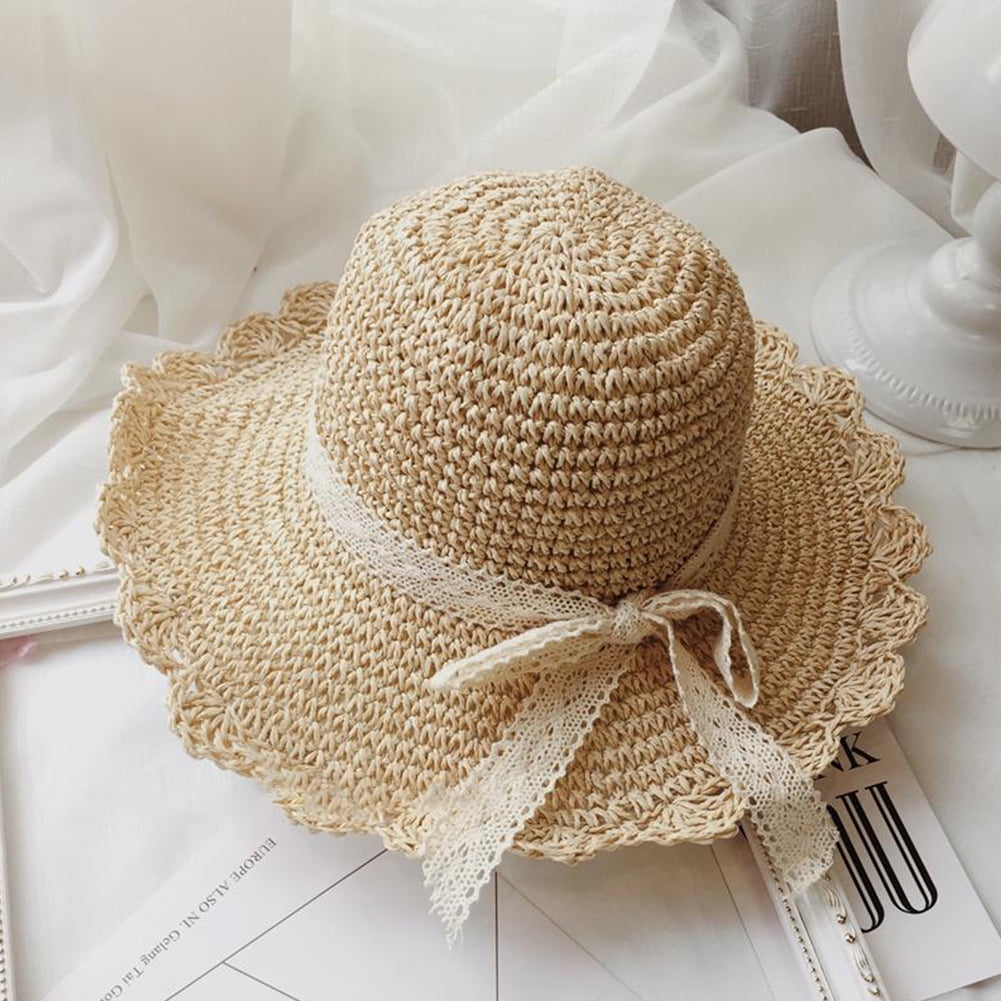 Generic Women Summer Crochet Straw Hat Handmade Folding