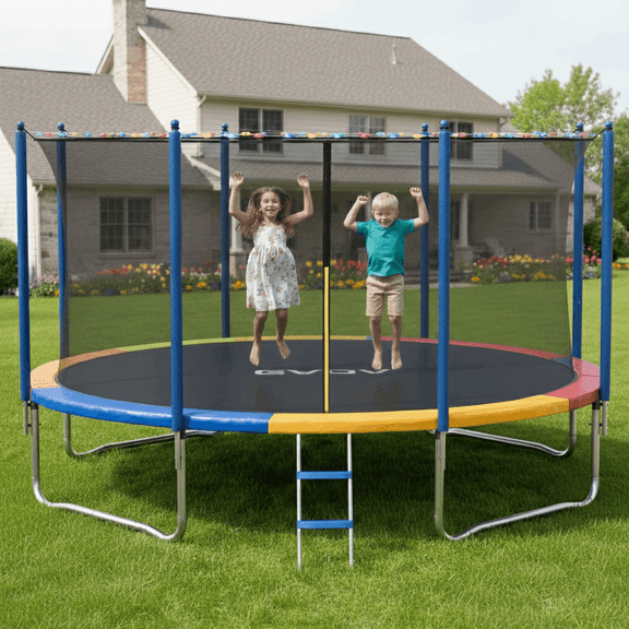 GVDV Outdoor Trampoline, 12' Backyard Recreational Trampoline with Enclosure for Kids & Adults