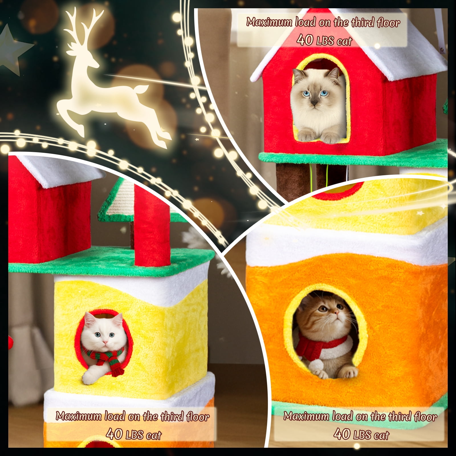 Zimtown Christmas Themed Cat Tree, 56in Multi-Level Tower with Condos, Crown Perch & Sisal Scratching Surfaces