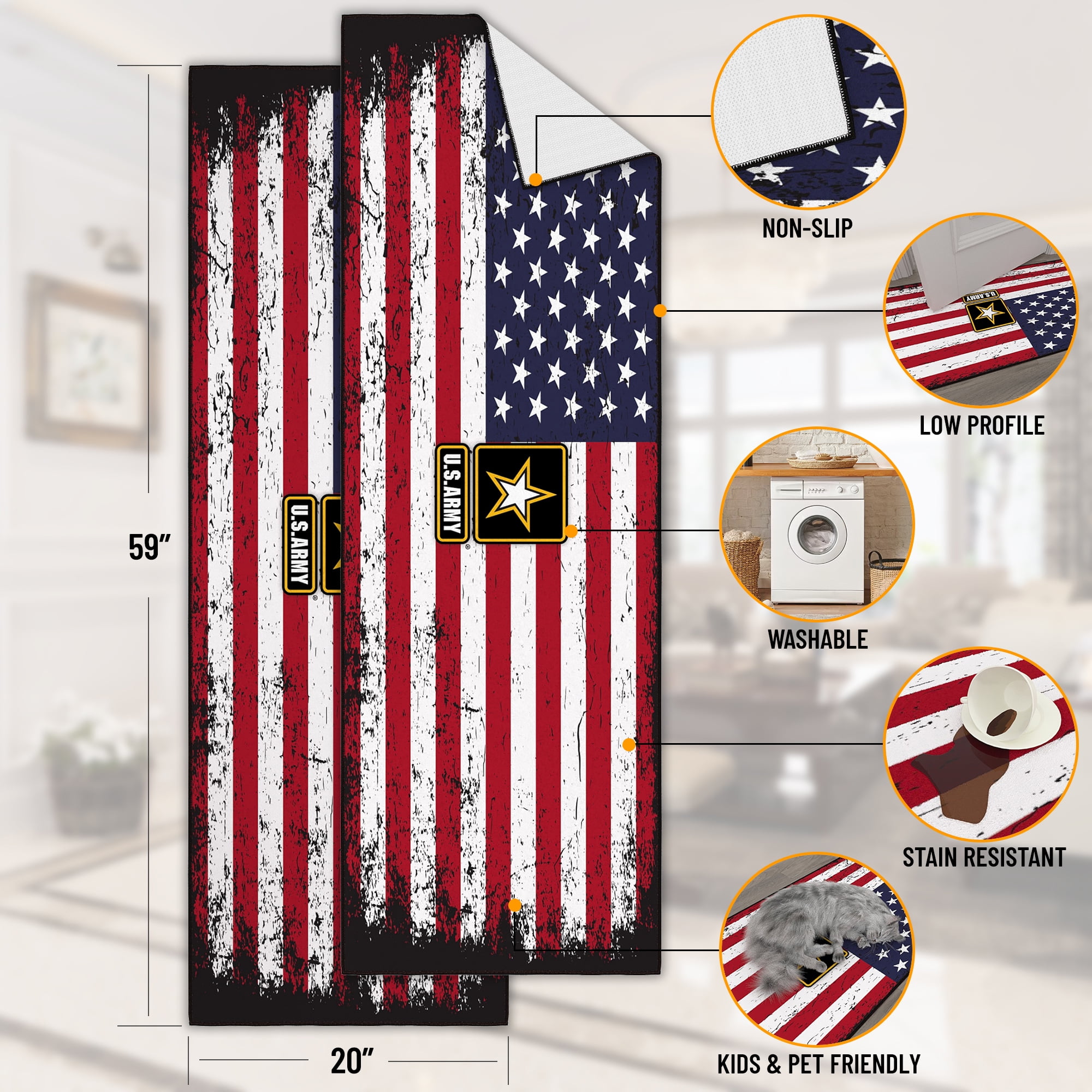 Ottomanson US ARMY USA Flag Machine Washable Non-Slip Rubberback 2x5 Runner Rug, 20"x 59", Red/White
