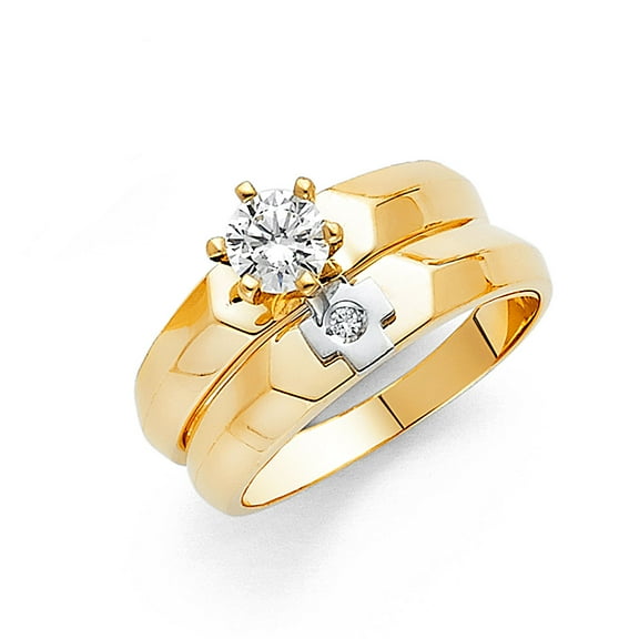 Wellingsale Ladies Solid 14k Yellow Gold Polished CZ Cubic Zirconia Round Cut Engagement Ring and "Cross" Wedding Band Bridal Set - Size 4