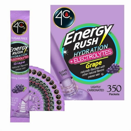 4C Powder Drink Mix, Energy Rush - Grape 350 Count, Bulk Buy, Singles Stix, On the Go, Refreshing Water Flavorings, Value Pack