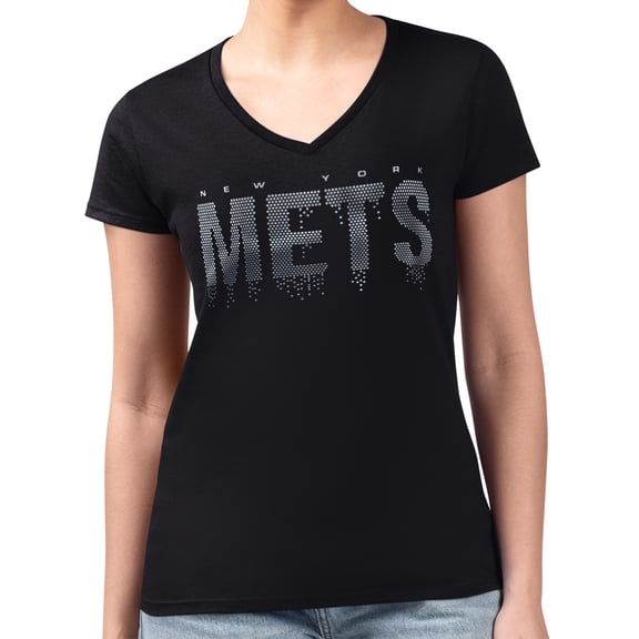 Women's G-III 4Her by Carl Banks  Black New York Mets Metallic Drop Lightweight V-Neck T-Shirt