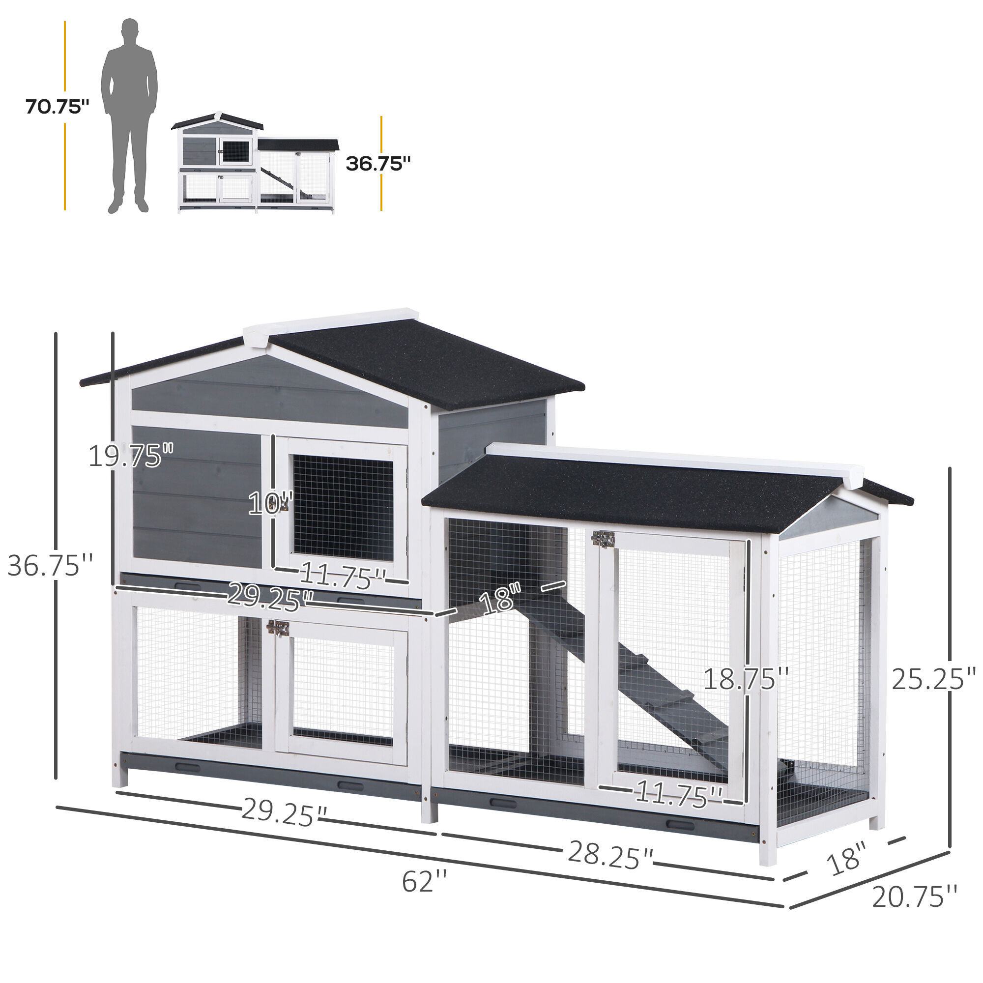 Orthopedic Dog Bed, PawHut 62" Rabbit Hutch, Wooden Bunny Hutch, Guinea Pig Cage, Small Animal Enclosure with Run Area, Removable Tray, Asphalt Roof, Lockable Doors and Ramp, Gray, Grey Dog Bed