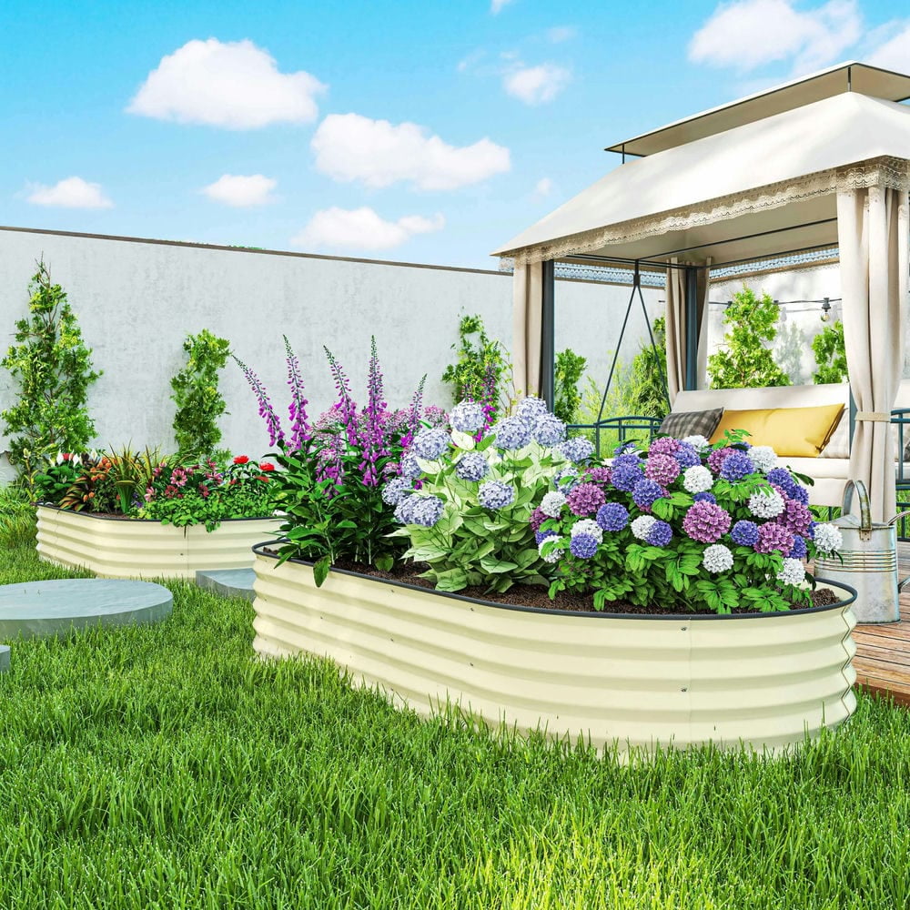 Spaco 7' x 3' x 1' Raised Garden Bed Set, 2-Piece Raised Beds for Gardening with Metal Plant Stakes, Cream White
