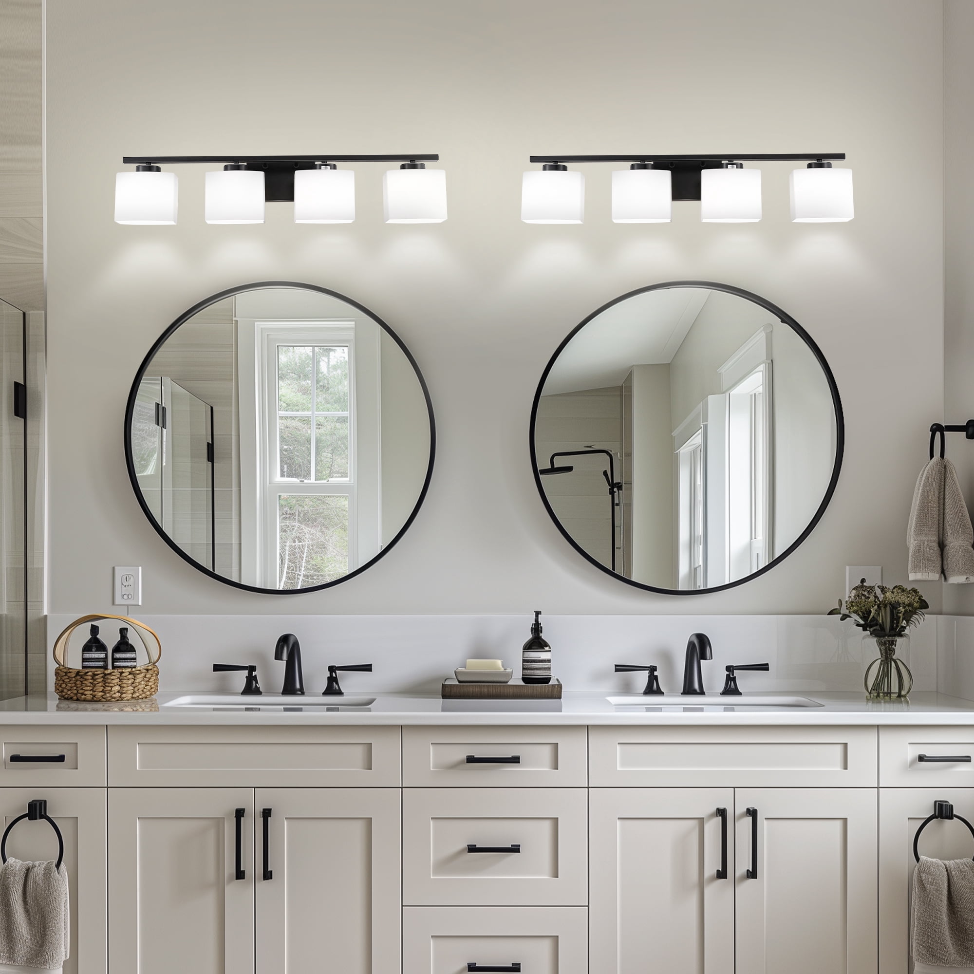 YANSUN 31 in. 4 Light Matte Black Vanity Light for Bathroom Bedroom Hallway with White Glass Shades