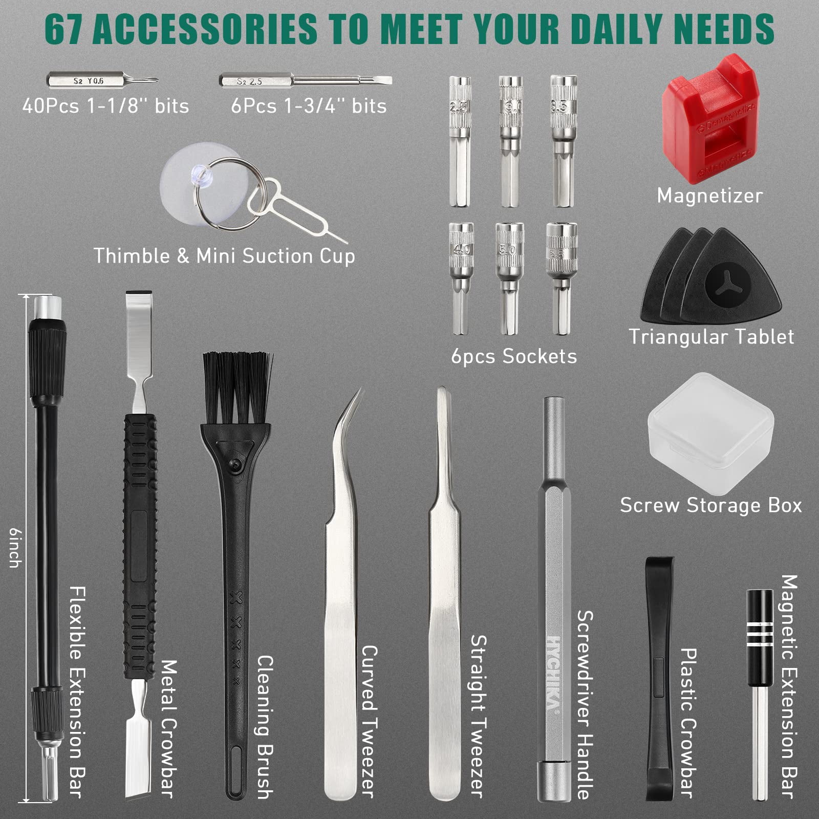 HYCHIKA Electric Screwdriver Set, 67-in-1 Kit with 52 Magnetic Bits & LED Light for Electronics Repair