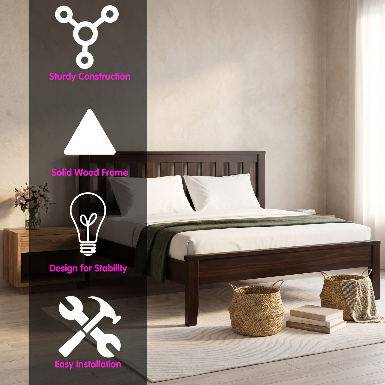 Furnibear Full Size Bed Frame with Panel Headboard and Footboard, Wood Platform Bed Frame with Under Bed Storage, Espresso