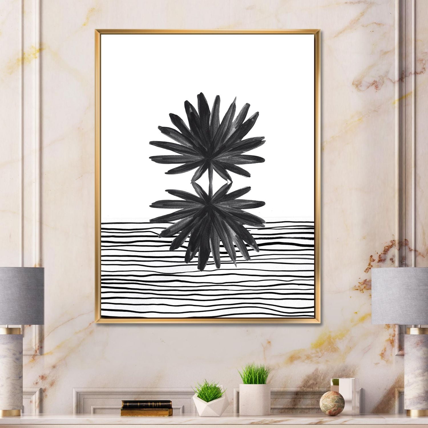 Designart Black and White Tropical Leaf On Striped II FLOAT FRAME WALL ART