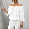 thumbnail image 4 of Women's Off Shoulder Top Bow Tie Front Layered Ruffle Short Sleeve Blouse Top, 4 of 6
