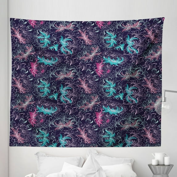 Abstract Tapestry, Pattern of Colorful Outlines of Summer Floral Motifs Composition, Fabric Wall Hanging Decor for Bedroom Living Room Dorm, 5 Sizes, Dark Purple Multicolor, by Ambesonne