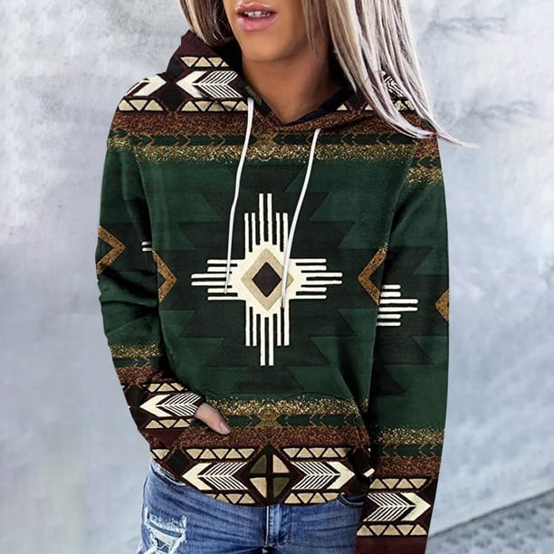 Pntutb Mujeres Moda Casual Contraste de color Estilo étnico Impresión de manga larga tops Sudaderas con capucha Pntutb Pntutb-1929