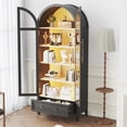 thumbnail image 6 of Gurexl Arched Display Cabinet with LED Lights, 71"Bookcase with Adjustable Shelves, Modern Storage Organizers with Glass Door, Kitchen Pantry Cabinet with Solid Wood legs for Living Room(Black), 6 of 9