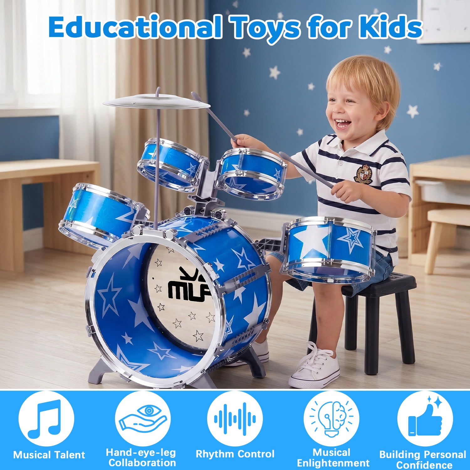 Zacro Kids Drum Set for Toddlers, Jazz Drum Set Musical Instrument Toys with Stools, Percussion Beginner kit for Boys Girls Toddlers Aged 2 3 4 5