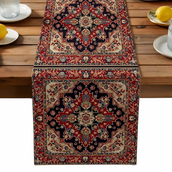 Red Boho Cotton Linen Table Runner for Dining Kitchen, Contemporary Abstract Ethnic Retro Geometric Wedding Outdoor Party Tablerunners Decoration, Dresser Scarf Coffee Tablecloth Runners 13x70 Inches
