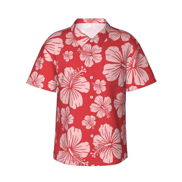 Balery Red Hibiscus Flower Camisas hawaianas de manga corta para hombre, camisas playeras de corte holgado, camisas de vacaciones con botones,Large