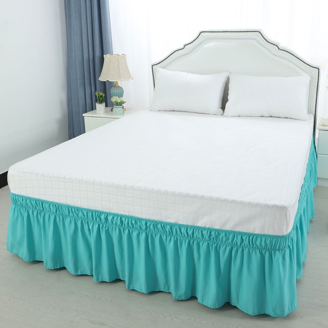 Unique Bargains Elastic Dust Ruffled Bed Skirt with 15" Drop Queen Aqua Blue