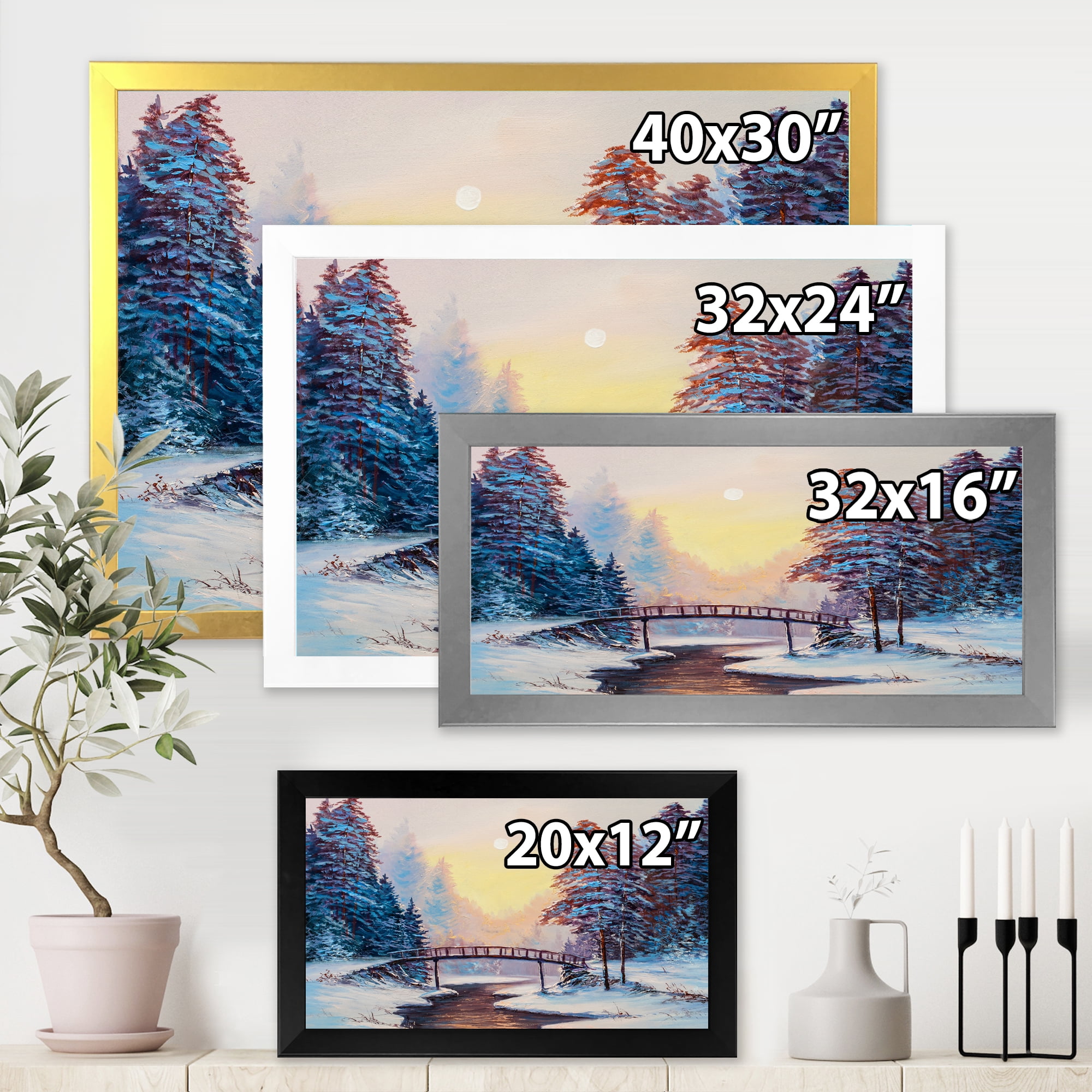 Designart 'Snow Covered Landscape and Little Bridge' Traditional Framed Art Print