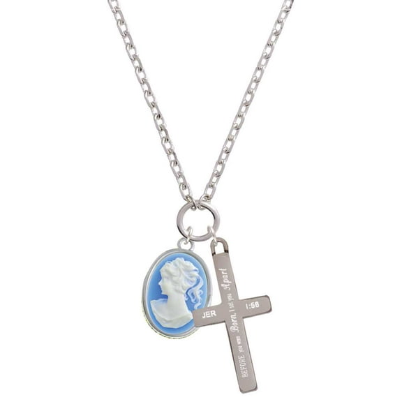 Delight Jewelry Silvertone Small Blue Oval Cameo I Set You Apart Engraved Cross Zoey Necklace, 28"