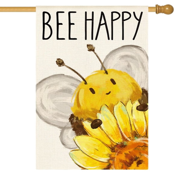 Summer Bee Happy House Flag 28x40 Inch Double Sided Outside, Sunflower Party Holiday Burlap Yard Outdoor Decoration