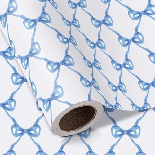 Blue Bow Wrapping Paper Roll - Mini Roll - 17 Inch x 16.5 Feet - Baby Blue Bow Design, Perfect for Baby Shower, Boy Birthday, Wedding