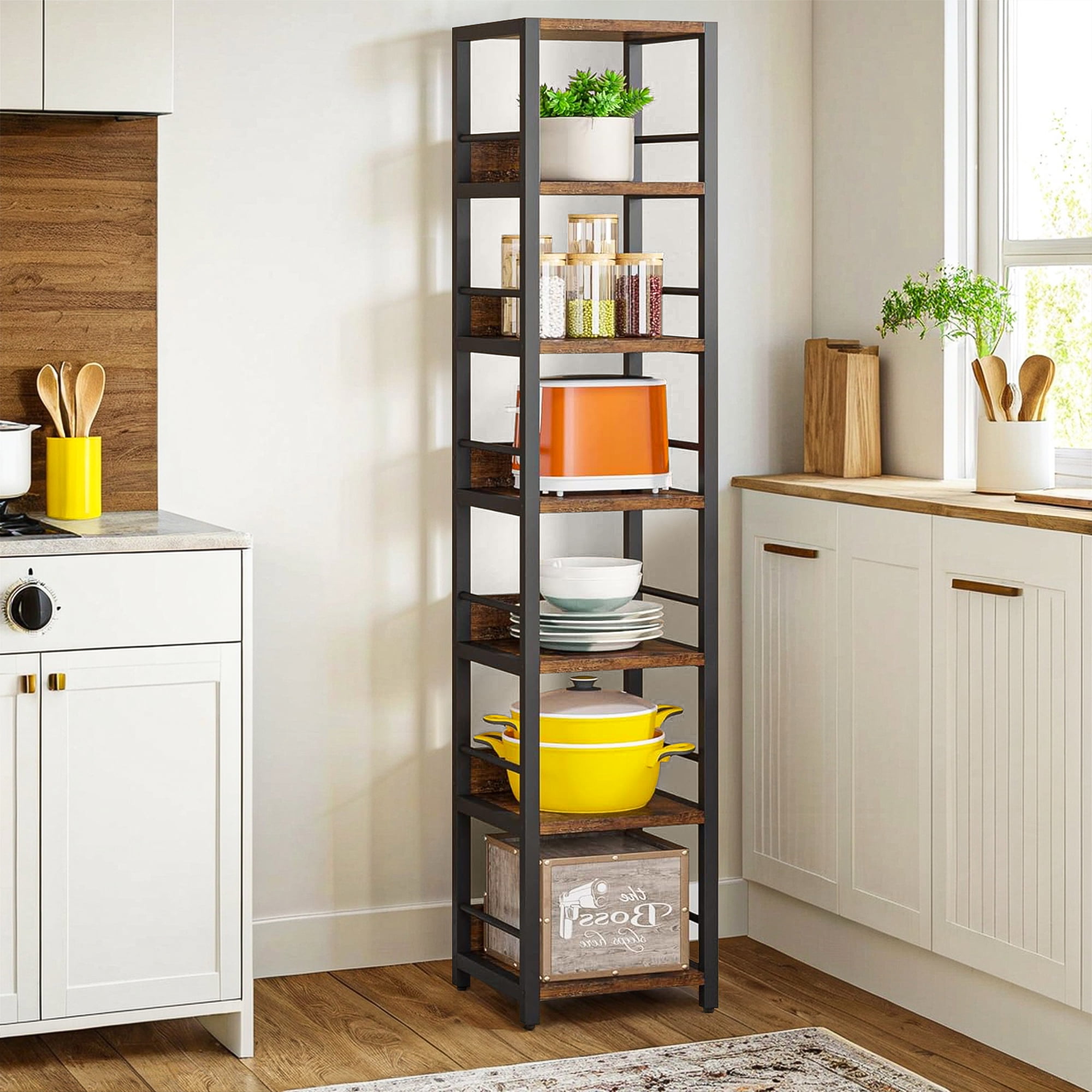 Demi Bonn 6-Tier Corner Shelf, 74" Narrow Etagere Bookshelf Storage Rack for Bedroom, Living Room, Brown