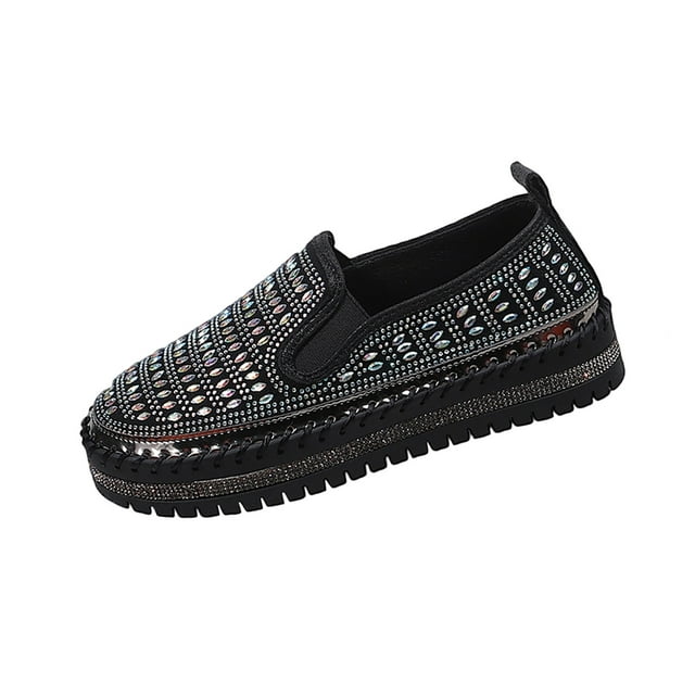 Womens Shoes Casual Loafers Rhinestone Round Toe Shallow Mouth Thick Sole Solid