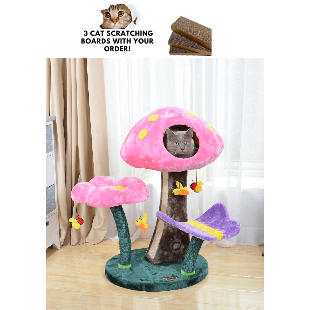 Catry 31" Wonderland Natural Pink Mushroom Flower Medium Cat Tree Sisal