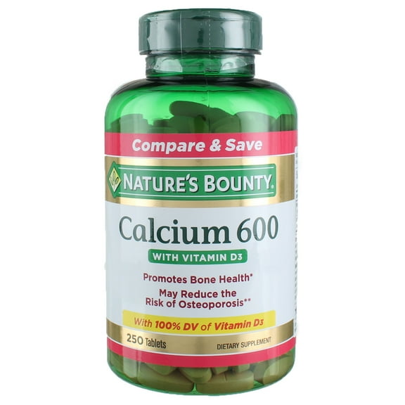 High Potency Calcium 600 Plus Vitamin D Tablets By Natures Bounty - 250 Tablets, 2 Pack