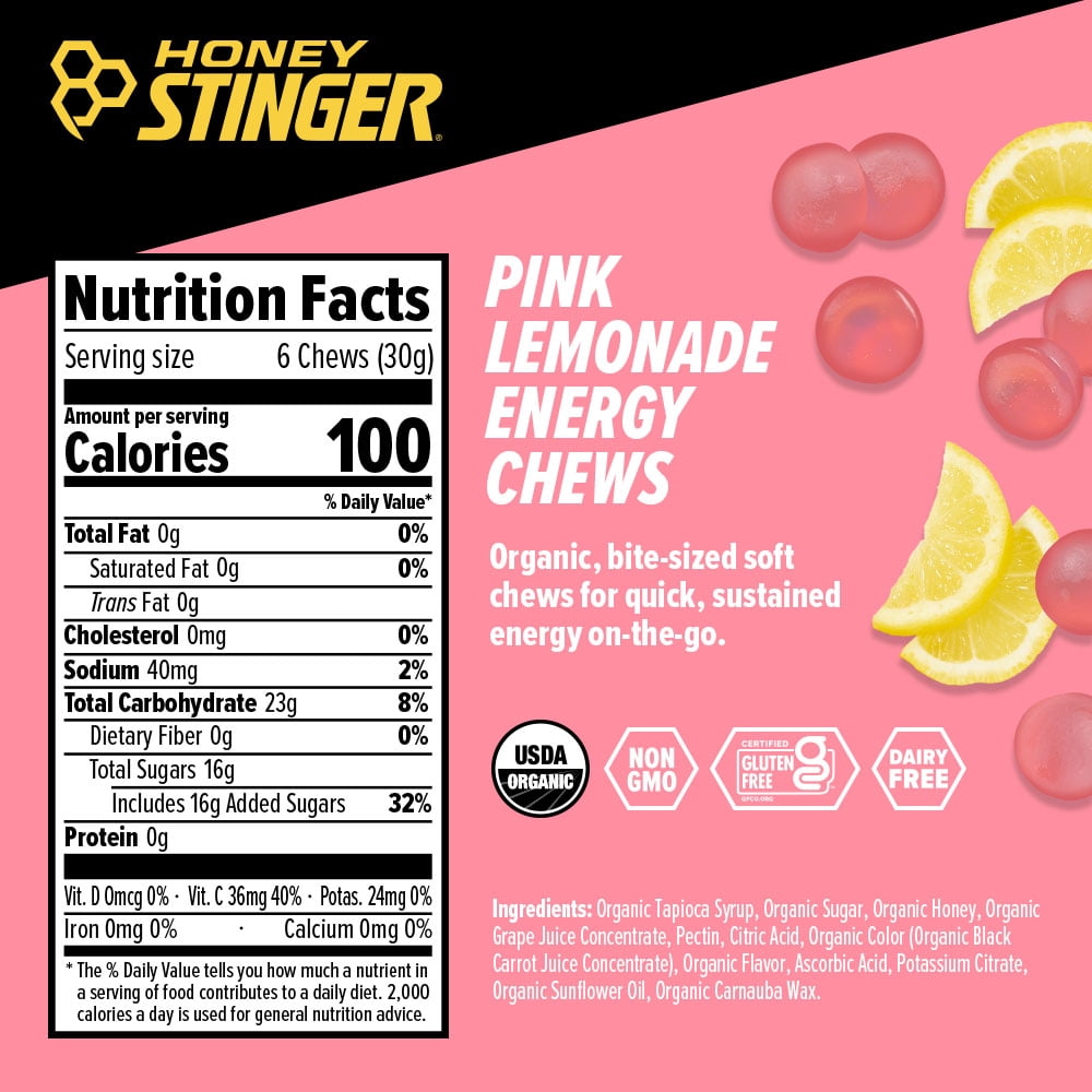 Honey Stinger Organic Gluten-Free Energy Chews, Pink Lemonade, 1.8 oz, 12 Count Box