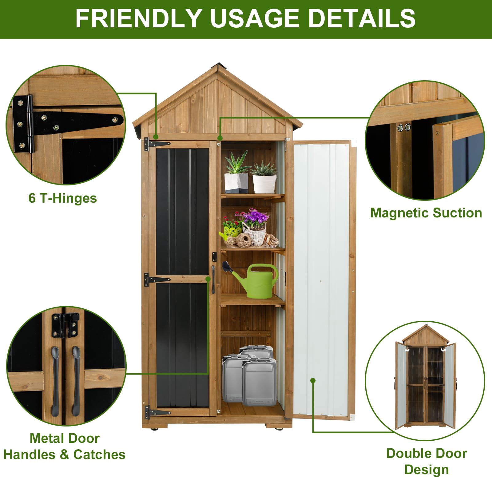 Gowoodhut Outdoor Storage Cabinet Waterproof, Outdoor Storage Shed with Shelves, Wood & Metal Patio Backyard Garden Storage Cabinet Tool Organizer for Outside