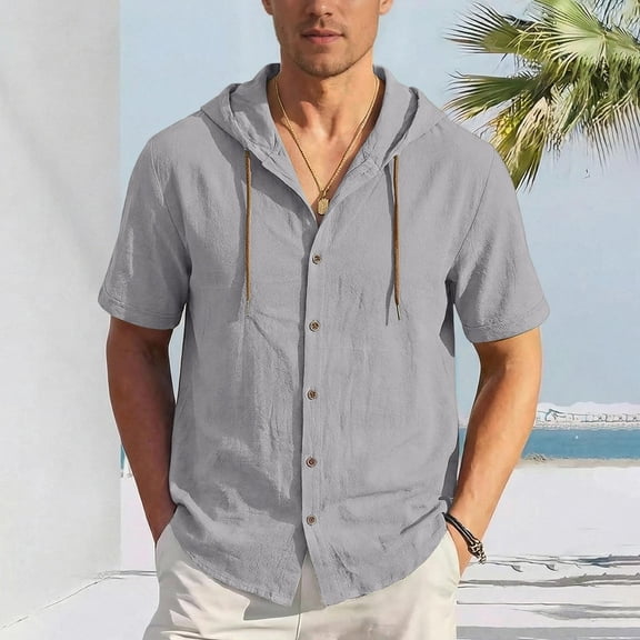 ZunFeo Mens Linen Hoodie Shirt Short Sleeve Button Down 100% Flax Casual Summer Breathable Top Gray,Size 3XL